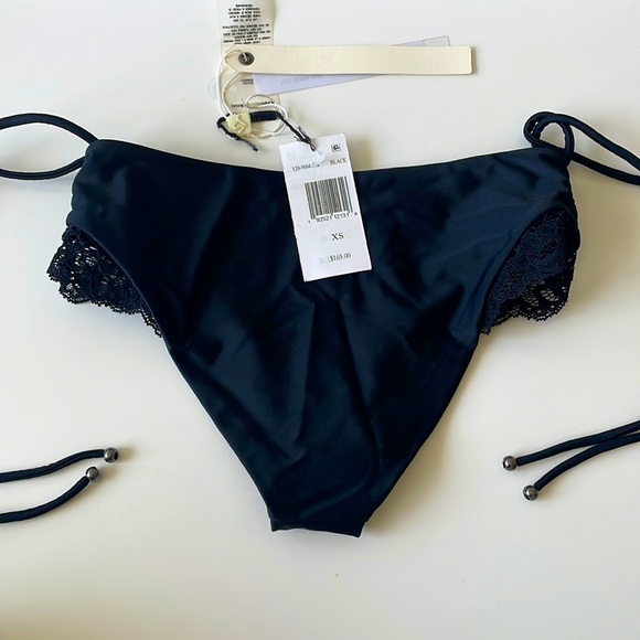 NWT XS Jonathan Simkhai black lace detail swim tanga bottom string scrunch sides - Picture 2 of 10